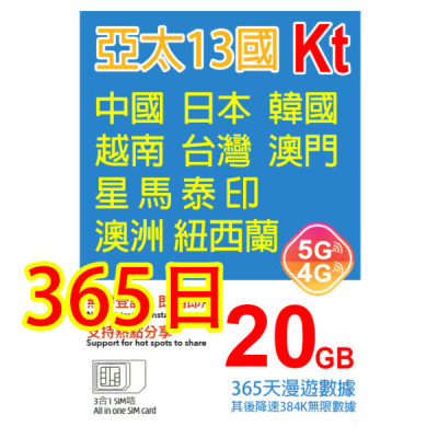 KT 日本 韓國 澳門 台灣 星加坡 馬來西亞 印尼 越南 泰國  澳洲 紐西蘭 中國 365日5G 20GB之後降速384K無限數據《購買2張免費順豐》 上網卡數據卡Sim卡電話咭data